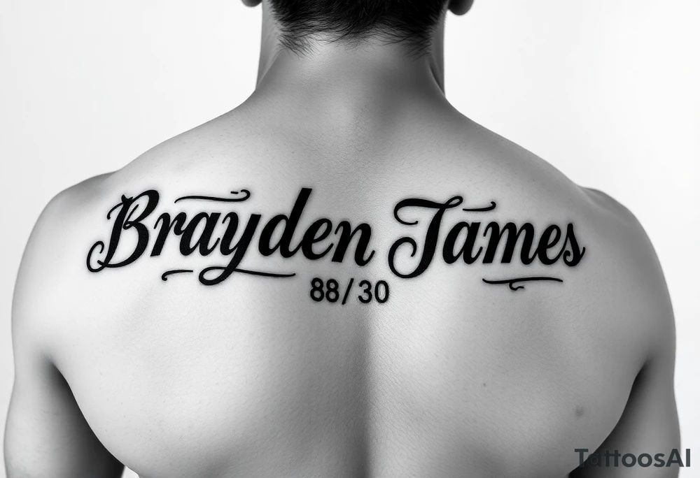Brayden James name tattoo on forearm with dob 08/30/25 tattoo idea