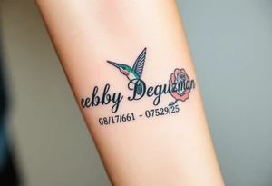 Cursive name Debby Deguzman surrounded by a hummingbird a rose and these dates 08/17/61 - 05/29/25 tattoo idea