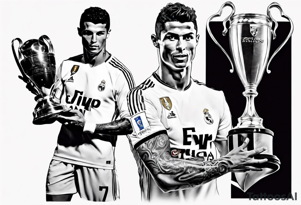 Cristiano Ronaldo holding champions league trophy tattoo idea