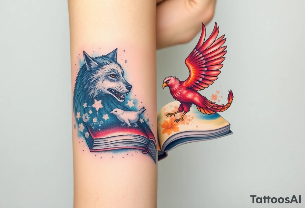 An open book with a werewolf, an owl & a dragon and a phoenix flying/running around the book tattoo idea