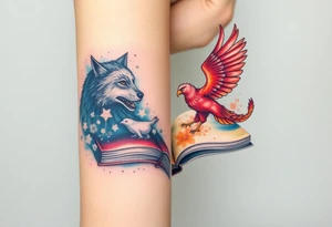 An open book with a werewolf, an owl & a dragon and a phoenix flying/running around the book tattoo idea