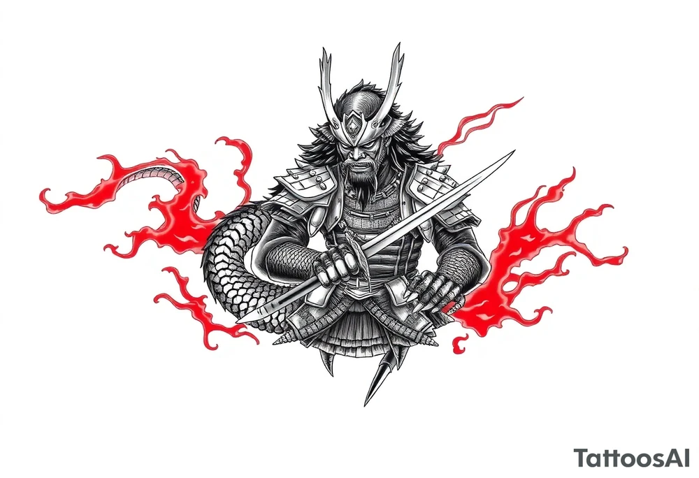 Japanese dragon wrapping around a samurai warrior, flowing body and smoke trails, black ink with red flames, detailed armor textures, sharp horns, claws gripping sword, intense eyes, traditional Japanese tattoo composition, full sleeve expansion layout, designed to wrap around the upper arm -- no color, no text, minimal background, ink-style shading, centered, high-resolution, symmetrical or dynamic layout, tattoo-ready tattoo idea