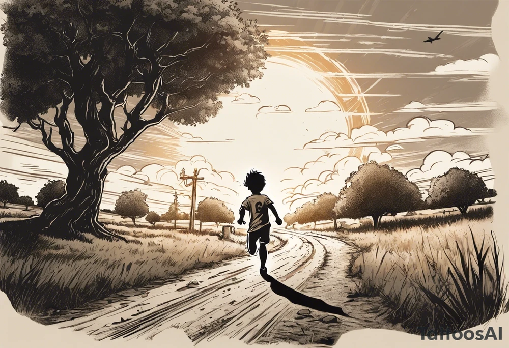 a male child running on a dirt road.
the child is running away towards a sun that is being hugged by a hammer.
on the left side of the dirt road pointing at the child ak47 and rpg.
on the right side there are trees.
under the sun clouds form the date 07.10.2023 tattoo idea