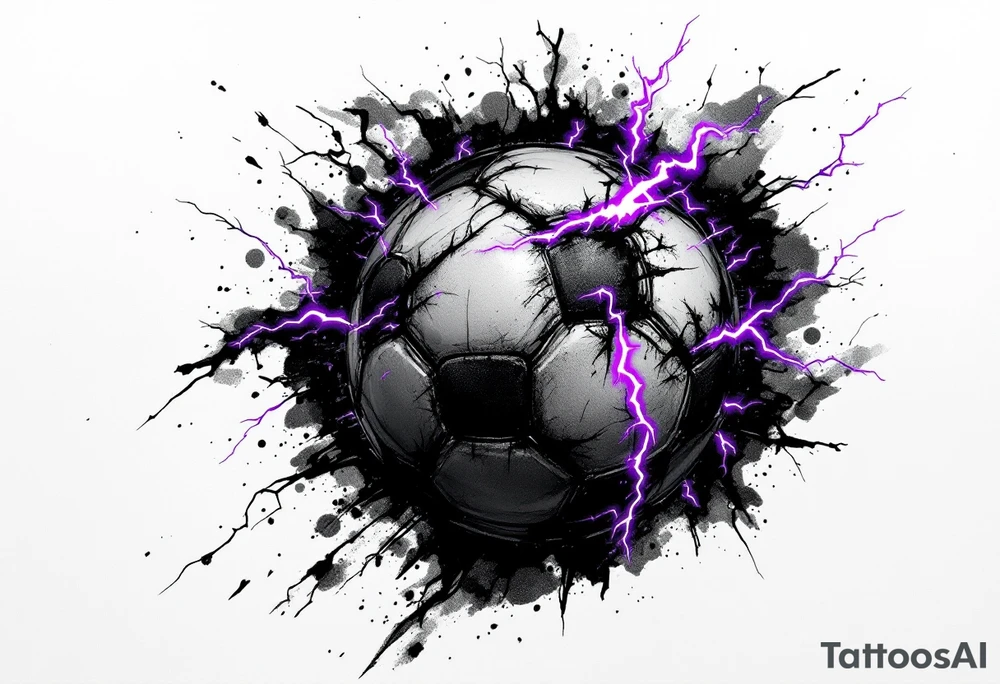 A black soccer ball with purple lightning bolts cracking across its surface. tattoo idea