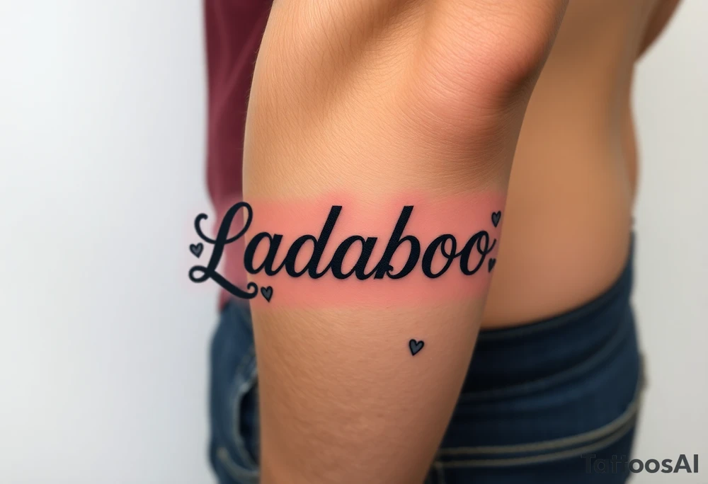 The name Ladaboo with stars and hearts around the name tattoo idea