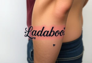 The name Ladaboo with stars and hearts around the name tattoo idea