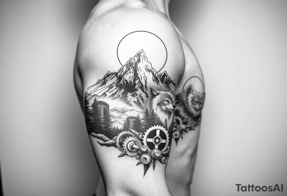 Mountains and wolves as symbols of strength and nature, combined with mechanical details (pistons, gears, rims) that are “hidden” in the landscape.

Black/gray realism with a bit of old-school shading to give a more masculine look tattoo idea