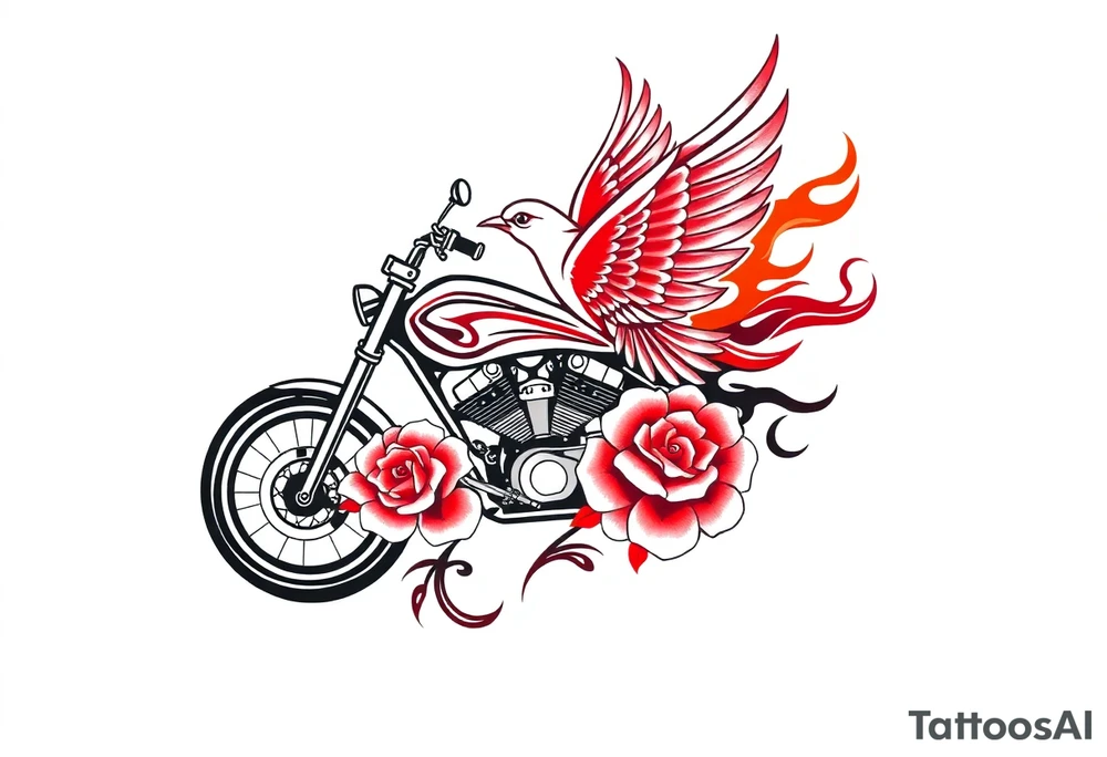 Motorcycle, red bird flying, roses and lace, flames tattoo idea