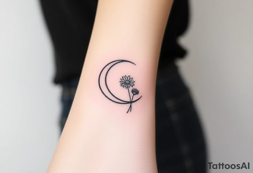 Small black and white tattoo waxing crescent moon with small Daisy birth flower and tiny leo gliph tattoo idea