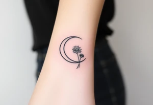 Small black and white tattoo waxing crescent moon with small Daisy birth flower and tiny leo gliph tattoo idea