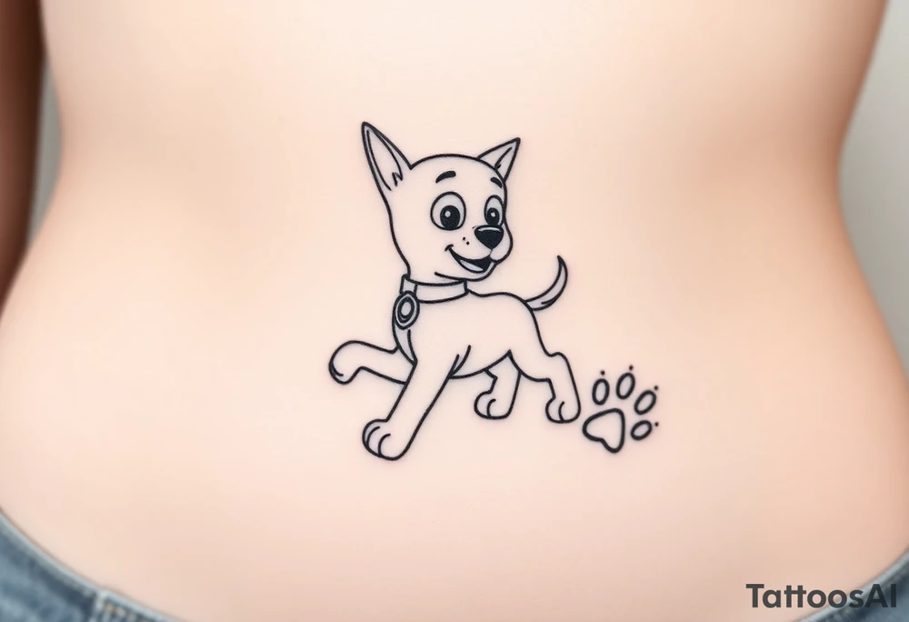 Walking Paw Patrol member leaving a realistic textured paw print behind him. tattoo idea