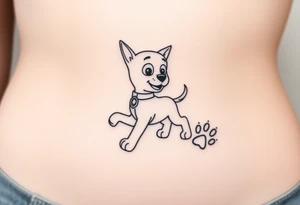 Walking Paw Patrol member leaving a realistic textured paw print behind him. tattoo idea