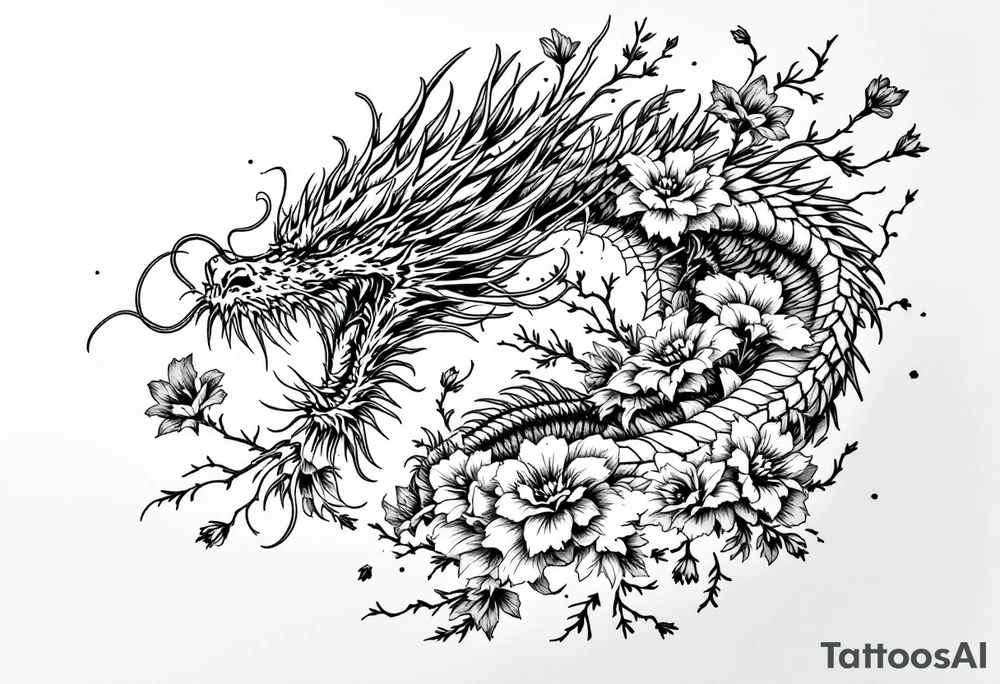 dragon with dead flowers surrounding tattoo idea