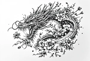 dragon with dead flowers surrounding tattoo idea