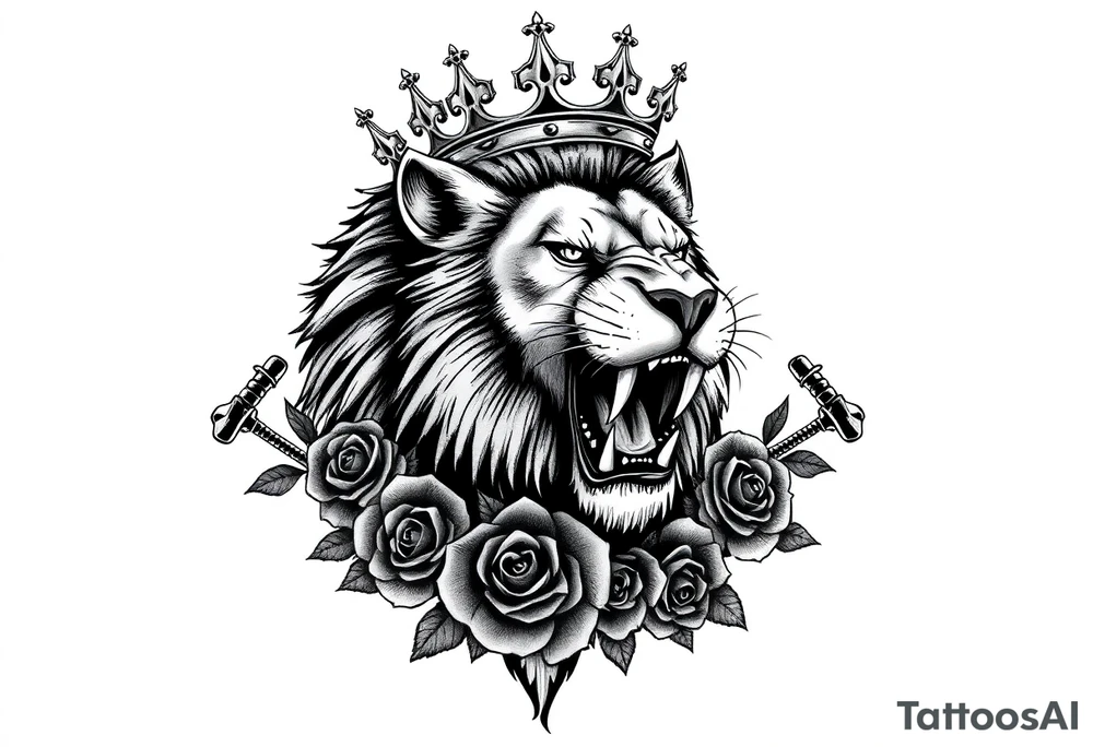 Fierce lion roaring, regal crown tilted, crossed swords framing its mane, dark roses. tattoo idea