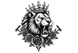 Fierce lion roaring, regal crown tilted, crossed swords framing its mane, dark roses. tattoo idea
