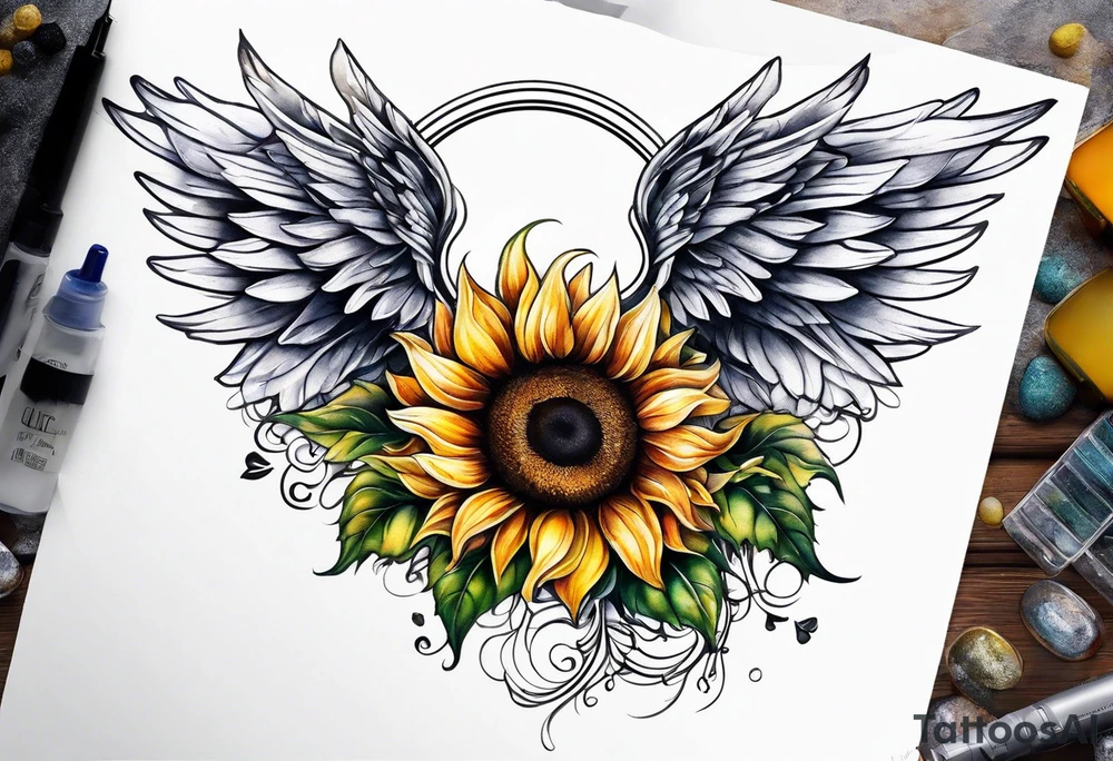 Sunflowers and angel wings leg sleeve tattoo idea