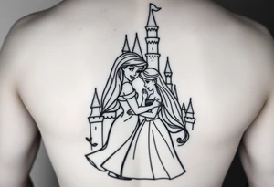 Disney princesses ariel and bell, hugging inn front of disney castle, black and white realism,castle can be outlined no need for details.leg sleveve, princesses detailed like in a cartoon tattoo idea