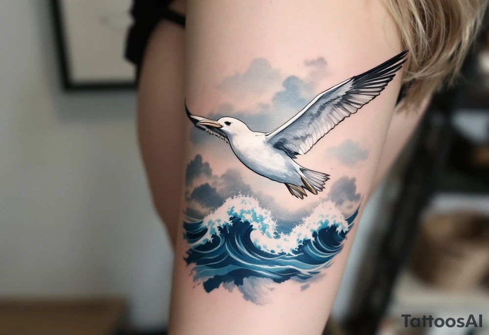 Soaring Albatross over Ocean Waves – A large albatross in mid-flight with outstretched wings above deep blue crashing waves, inked in shades of white, gray, and navy blue with subtle sky gradients in the background. tattoo idea