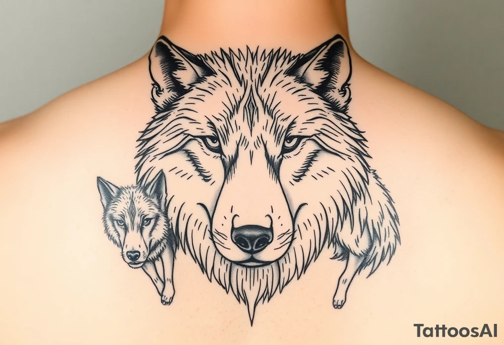 A solitary yet sublime and noble wolf and its progeny. the face tattoo idea