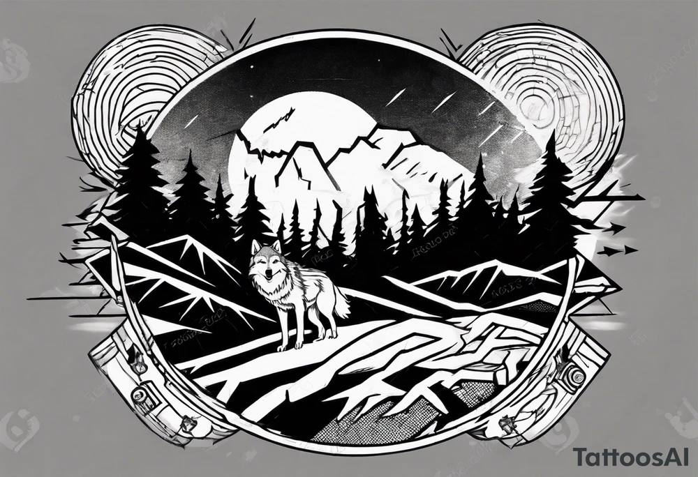 lightning over forest with wolf howling on drum tattoo idea lightning over forest with wolf howling on drum tattoo idea