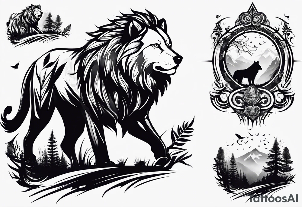 quero uma tatuagem de um lobo feroz e um leão feroz na selva em lados opostos caminhando em direção a uma arvore de prosperidade metaforica tattoo idea