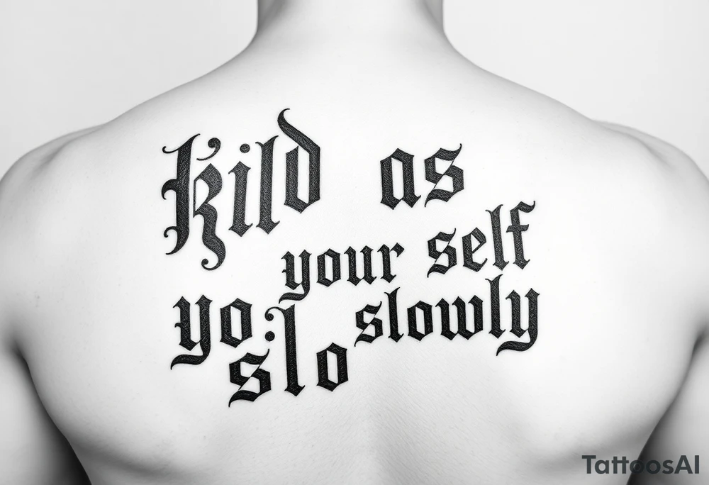 Bad ass old English lettering that says  “kill your self slowly” outline black and white tattoo idea