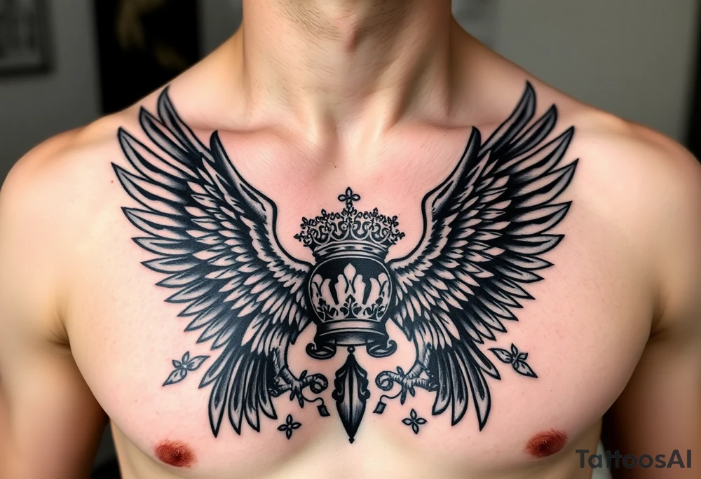 Chest tattoo,powerful two polish symetricals majestic darks eagles, surrounded by lure ornaments , between eagles a crown tattoo idea