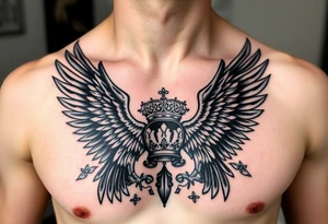 Chest tattoo,powerful two polish symetricals majestic darks eagles, surrounded by lure ornaments , between eagles a crown tattoo idea