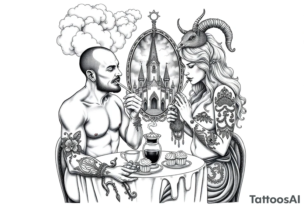 Mystical Naked Man and woman eating cupcakes and liquor fruit  having sex clouds gothic sexy naked fat lady having a tea party with tea pot and Victorian castle 
with a pigs, peacock, noose, lion, goat, smoking cigerettes looking in the mirror thru storm clouds with razor blades and broken hearts and darkness and wrath, envy , gluttony, greed, sloth, pride kill tattoo idea