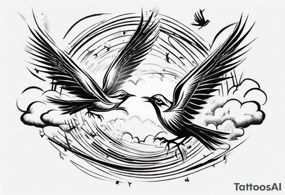 a shoulder tattoo with rays of light, clouds and birds flying free tattoo idea
