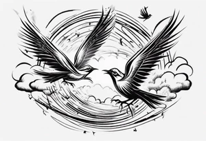 a shoulder tattoo with rays of light, clouds and birds flying free tattoo idea