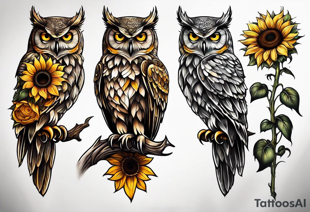 Owl with sunflowers leg sleeve tattoo idea