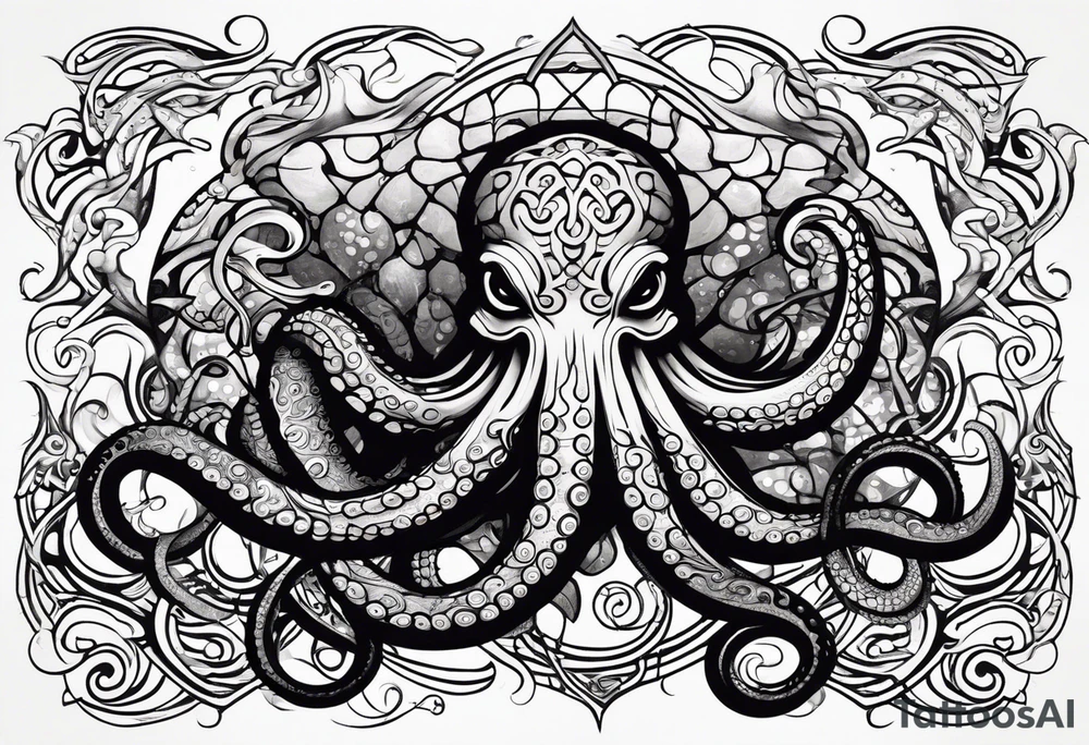 Tribal half sleeve octopus surrounded by ribbons of water waves filled with fish and a tribal sea turtle hidden in the lines of the head of the octopus tattoo idea