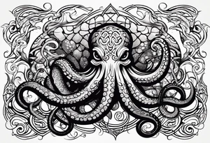 Tribal half sleeve octopus surrounded by ribbons of water waves filled with fish and a tribal sea turtle hidden in the lines of the head of the octopus tattoo idea