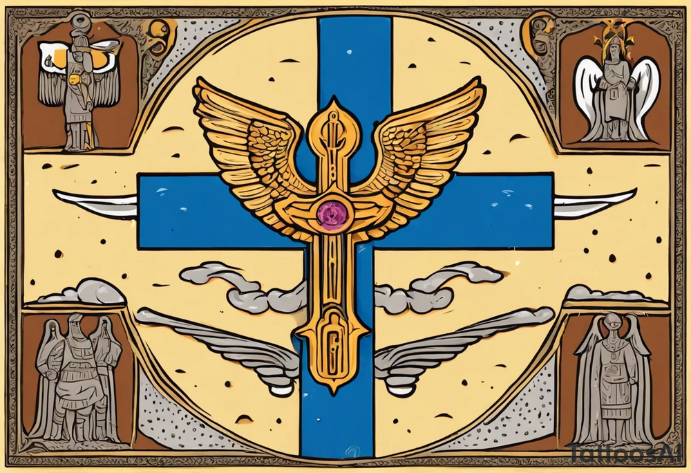 A medieval cross with an assyrian flag in the middle. A crown om top of the cross. The assyrian king Sennacherib. A sun and a moon. A cloud with rain and thunder. charizard. an imperfect cirkle. a candle. a swan. lemons. the god asshur with wings. an ankh. angel wings with a halo. surrounded by olive branches and feathers. all black and white. no shadowing. tattoo idea