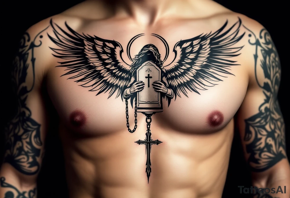 Angel hold headstone in hands with a cross chain hanging down with large wings tattoo idea