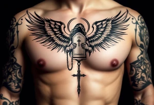 Angel hold headstone in hands with a cross chain hanging down with large wings tattoo idea