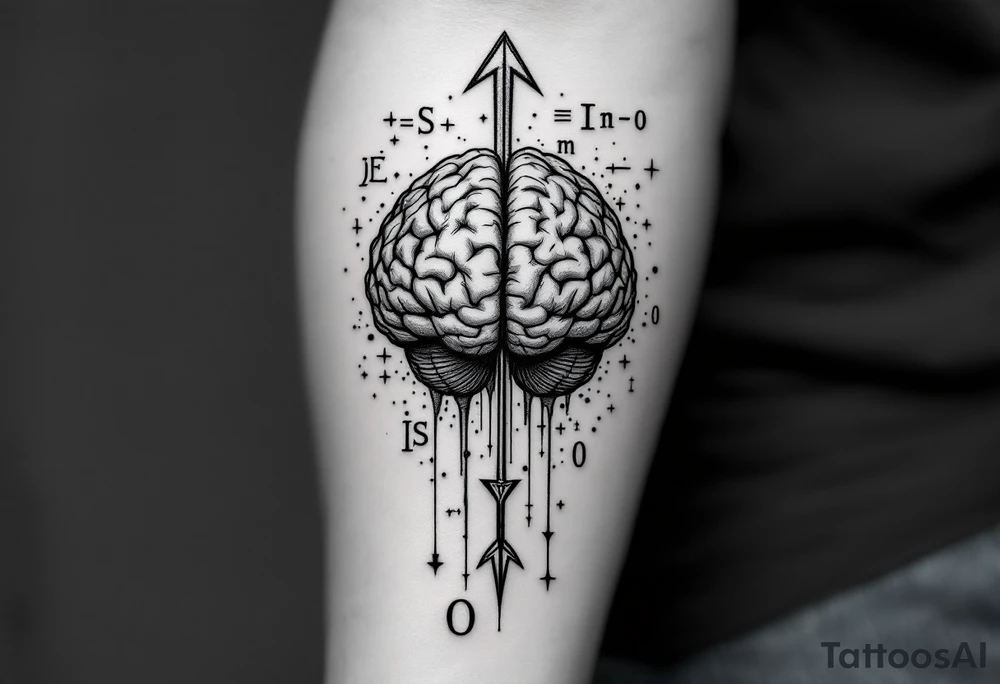 A front-seen brain in geometric and straight lines, math symbols arround. A detailed arrow crosses from below and exit from the top, with its tip desintegrating to represent entropy and watercolor stains spilled from the arrow. Around of the main tattoo, math and physics formulas, including the formulas "ΔS ≥ 0" and "(iδ + m) Φ = 0" tattoo idea