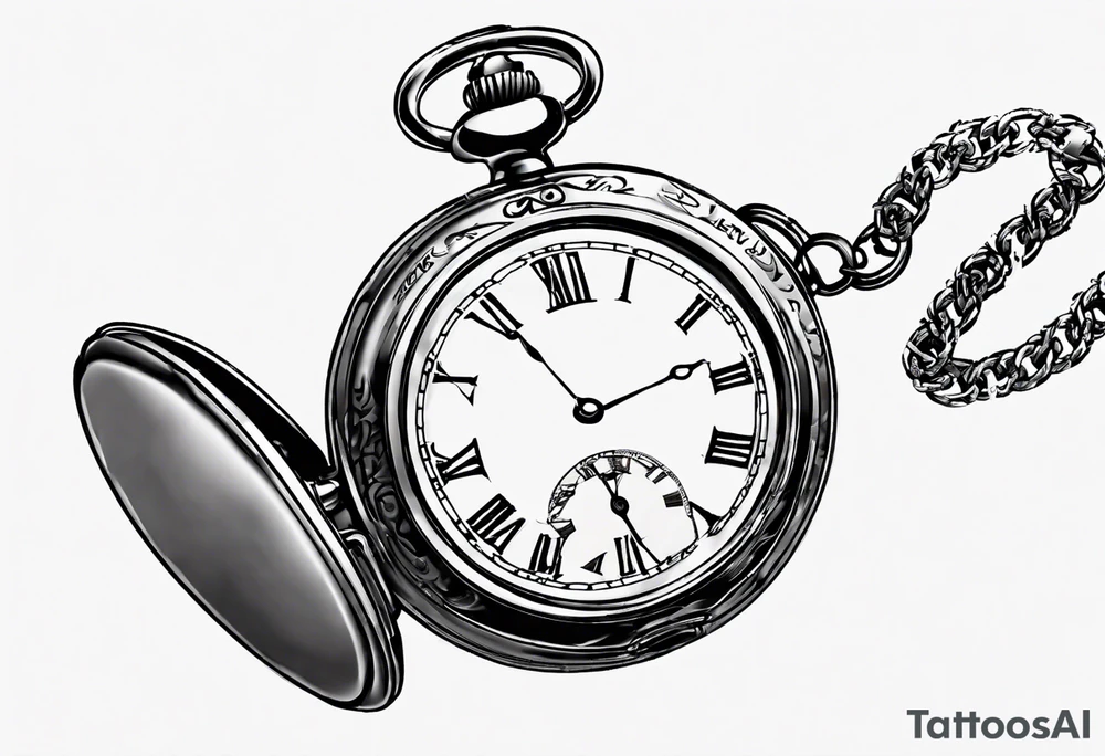 Pocket watch with chain, Roman numerals, date in Roman numerals inside timepiece, classic, elegant, traditional tattoo idea