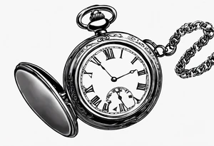 Pocket watch with chain, Roman numerals, date in Roman numerals inside timepiece, classic, elegant, traditional tattoo idea