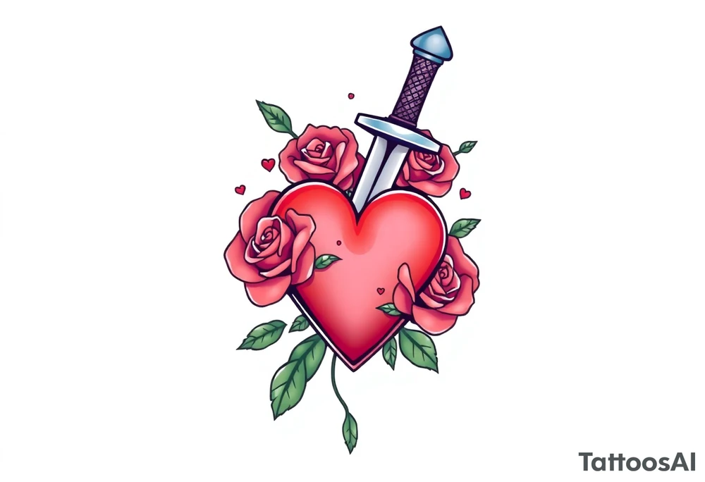 dagger piercing a heart with roses tattoo idea