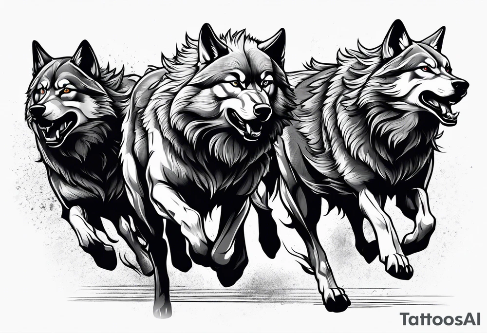 a pack muscular of wolves running together tattoo idea