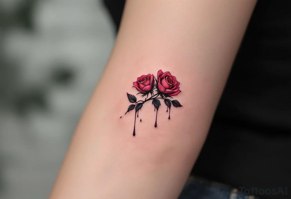 Tiny roses with dripping ink style, done in dark crimson and black, placed behind the ear. tattoo idea