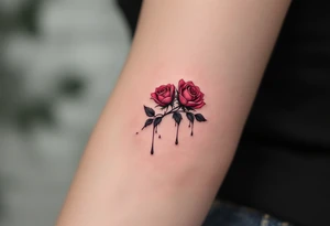 Tiny roses with dripping ink style, done in dark crimson and black, placed behind the ear. tattoo idea