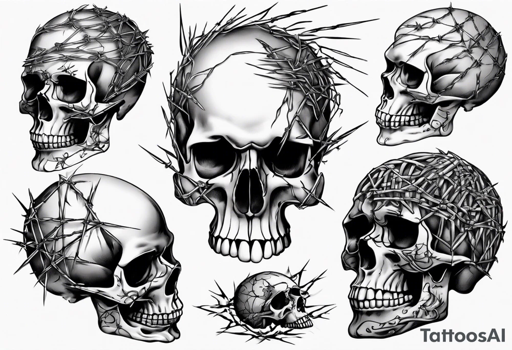 Skull covered in barbed wired tattoo idea