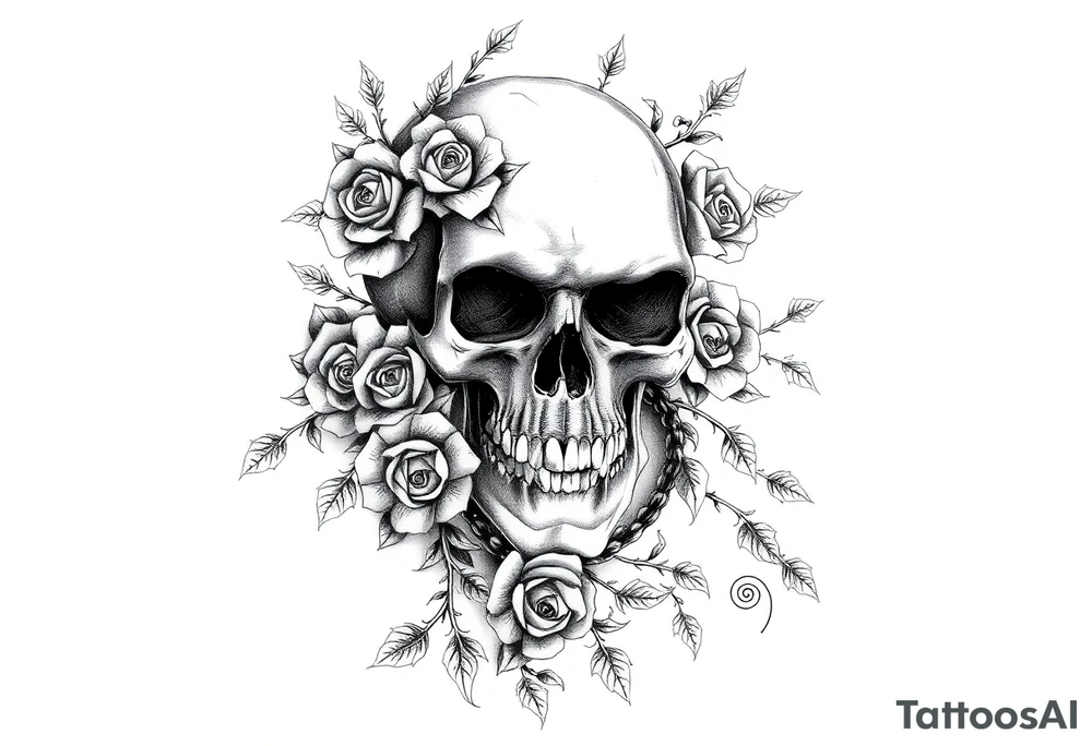 gothic skull intertwined with climbing roses and thorny vines tattoo idea