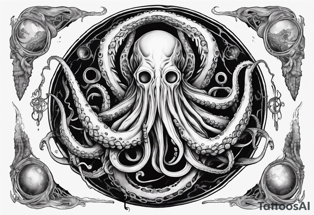a tattoo on the theme of lovecraft, with tentacles that embrace the earth tattoo idea
