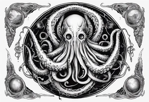 a tattoo on the theme of lovecraft, with tentacles that embrace the earth tattoo idea