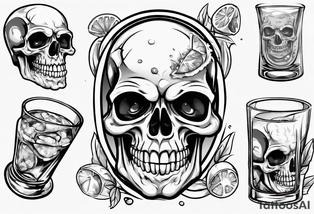A smiling looking to the left scull inside the glass with alcohol and piece of lime tattoo idea